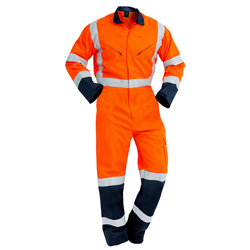 Bison LW Cotton TTMC-W Overall, Orange/Navy (CTPCOLW) featuring YKK non-conductive zip, zipped chest pockets, and Velcro adjustable cuffs, designed for durability and ventilation, suitable for high-visibility workwear.