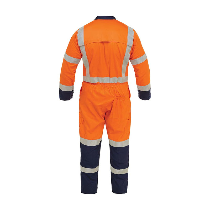 Load image into Gallery viewer, A person wearing the Bison LW Cotton TTMC-W Overall, Orange/Navy (CTPCOLW), featuring reflective stripes, zipped chest pockets, and Velcro cuffs. Ideal for high-visibility workwear needs in safety-focused environments.