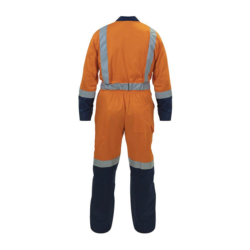 Load image into Gallery viewer, The Bison TTMC-W Lightweight Cotton Zip Overall features high-visibility orange with navy panels and reflective bands, offering a practical and certified design for enhanced safety in various work environments.