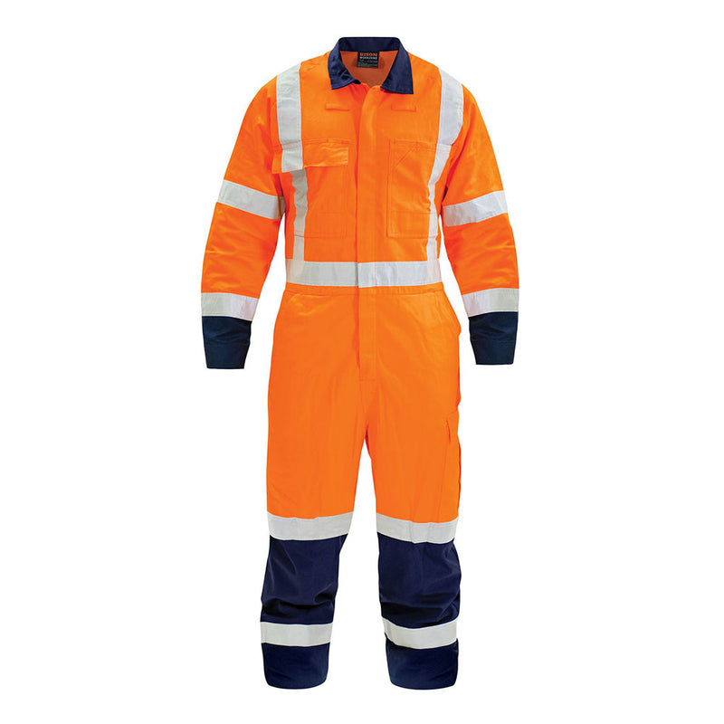 Load image into Gallery viewer, Bison TTMC-W17 X-Tape Cotton Zip Overall, Orange/Navy: A high-visibility work coverall featuring fluorescent orange with navy-blue accents, reflective X-back tape, multiple pockets, and a YKK non-conductive two-way zip for safety.