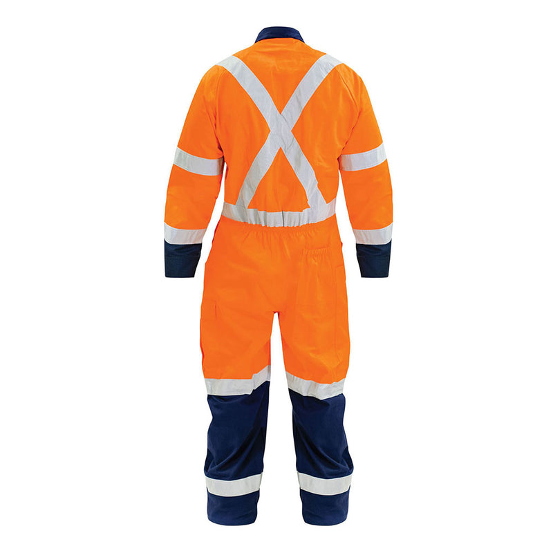 Load image into Gallery viewer, Bison TTMC-W17 X-Tape Cotton Zip Overall, Orange/Navy, featuring high-visibility reflective striping, chest and cargo pockets, and a non-conductive YKK zip, ideal for construction and industrial safety.