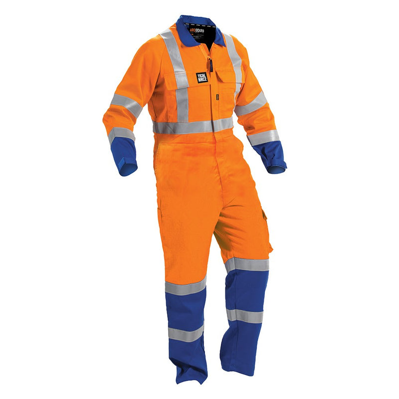 Load image into Gallery viewer, Arcguard TTMC-W 240gsm FR Overall (CTPCNLW) shown on a person, featuring flame retardant, arc protection, and anti-static properties, with reflective stripes for day/night visibility. Ideal for workplace safety.