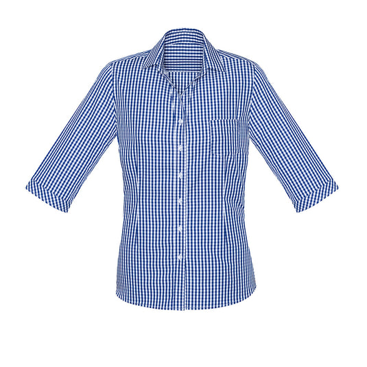 Biz Springfield Womens 3/4 Sleeve Shirt features a premium blue and white checkered pattern, expertly yarn-dyed for a layered look, ideal for warmer climates with its breathable, lightweight 100% cotton fabric.
