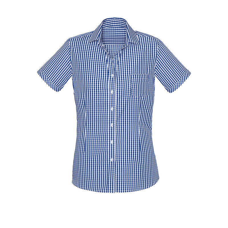 Load image into Gallery viewer, Biz Womens Springfield Short Sleeve Shirt with a blue and white checkered pattern. Made from 100% cotton, it offers a breathable, lightweight design, ideal for warmer climates and active safety environments.