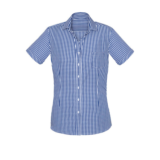 Biz Womens Springfield Short Sleeve Shirt with a blue and white checkered pattern. Made from 100% cotton, it offers a breathable, lightweight design, ideal for warmer climates and active safety environments.