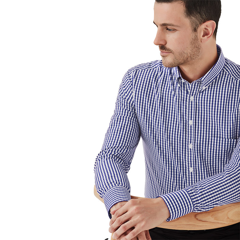 Load image into Gallery viewer, Biz Springfield Mens Long Sleeve Shirt features a premium yarn-dyed check design, ideal for warmer climates with its breathable, lightweight 100% cotton fabric, perfect for both casual and workplace settings.