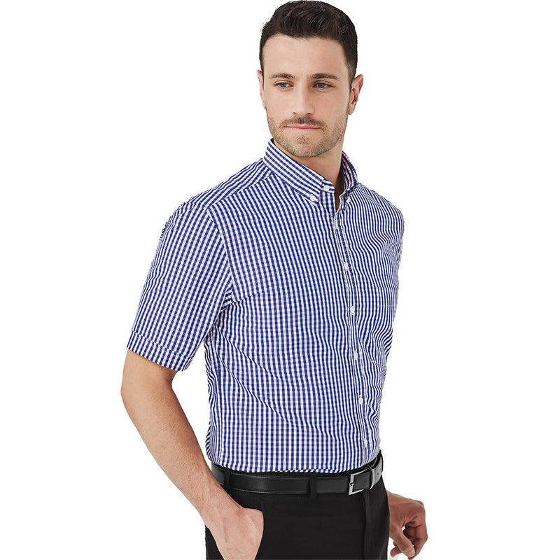 Load image into Gallery viewer, Biz Mens Springfield Short Sleeve Shirt featuring a blue and white check design, ideal for warm climates. This 100% cotton shirt offers a breathable fit, suitable for casual workplace attire.