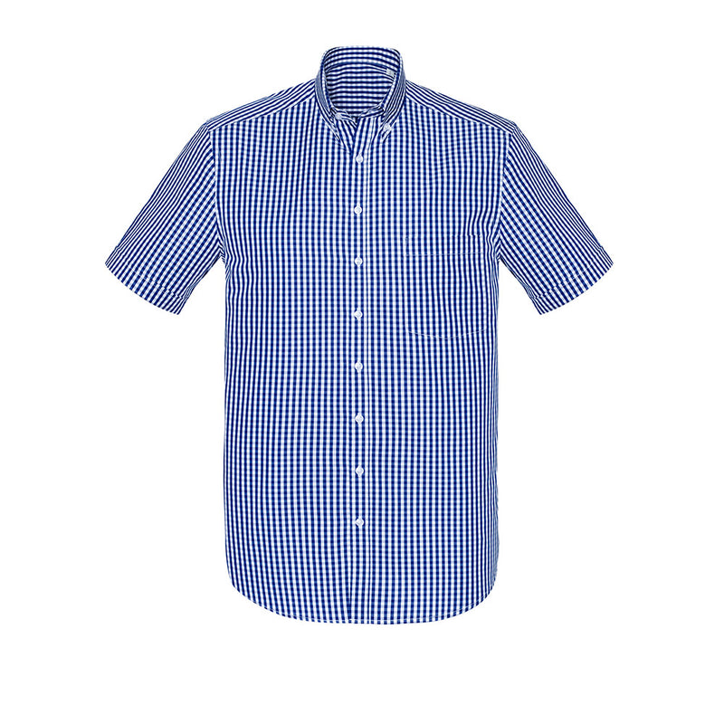 Load image into Gallery viewer, Biz Mens Springfield Short Sleeve Shirt features a distinctive blue and white checkered pattern, crafted from lightweight, breathable 100% cotton, ideal for warm climates and casual workplace settings.