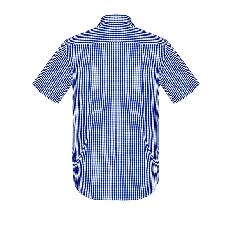 Load image into Gallery viewer, Biz Mens Springfield Short Sleeve Shirt featuring a blue and white checkered pattern, crafted from 100% cotton for breathability and comfort, ideal for warm climates or casual workwear.