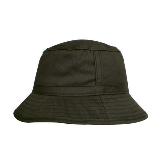 Oilskin Bucket Hat, Dark Brown, showcasing a classic design with a padded cotton sweatband and cotton twill lining, offering UPF 50 protection and high resistance to wind and rain.