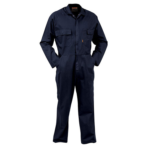 Bison Workzone Cotton Dome Overall, Navy, featuring multiple functional pockets including a pen partition and phone pocket, designed for safety and practicality in work environments, ideal for those needing durable workwear.