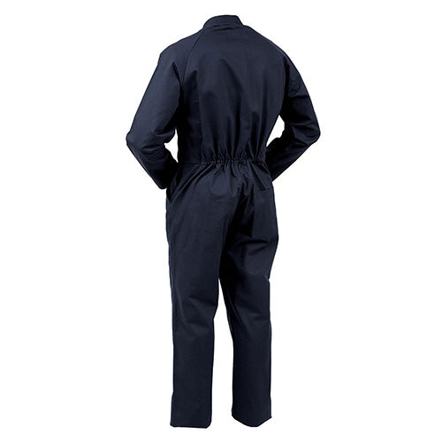 Load image into Gallery viewer, Bison Workzone Cotton Dome Overall, Navy, featuring metal dome front closure, utility pockets with pen and phone compartments, and tool pocket on right leg, ideal for workplace safety and functionality.
