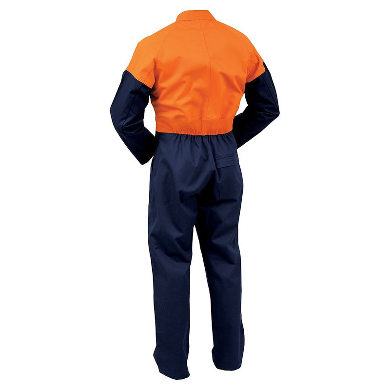 Load image into Gallery viewer, Back view of a Bison Day Only Cotton Domed Overall, designed for industrial use, showcasing its durable, shrink-proof construction, perfect for workplace safety and resilience.