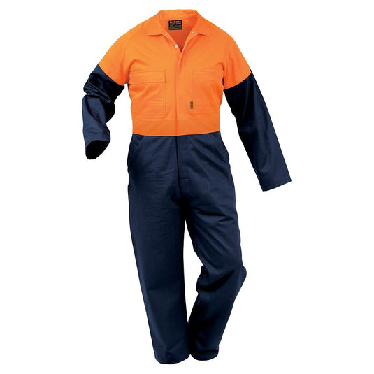 Bison Day Only Cotton Domed Overall designed for industrial durability, featuring a close-up of its robust fabric and logo, ideal for safety-focused environments like construction and manufacturing.