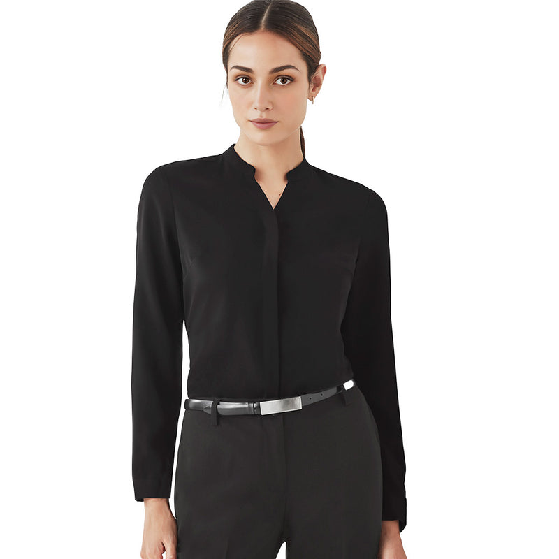 Load image into Gallery viewer, Biz Juliette Womens Plain Long Sleeve Blouse showcased on a woman, highlighting its easy fit, concealed placket, and long sleeves with button-up cuffs, ideal for professional or casual settings.