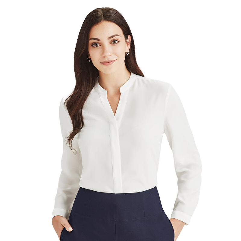 Load image into Gallery viewer, Biz Juliette Women's Plain Long Sleeve Blouse, featuring an easy fit, inverted back pleats for movement, button-up cuffs, and a concealed placket, ideal for professional or casual settings.