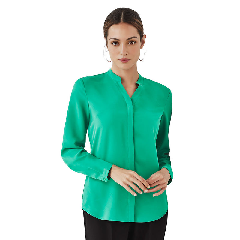 Load image into Gallery viewer, Biz Juliette Womens Plain Long Sleeve Blouse, showcasing its easy fit style with a concealed placket, curved front hemline, and long sleeves with button-up cuffs, ideal for a polished workwear look.