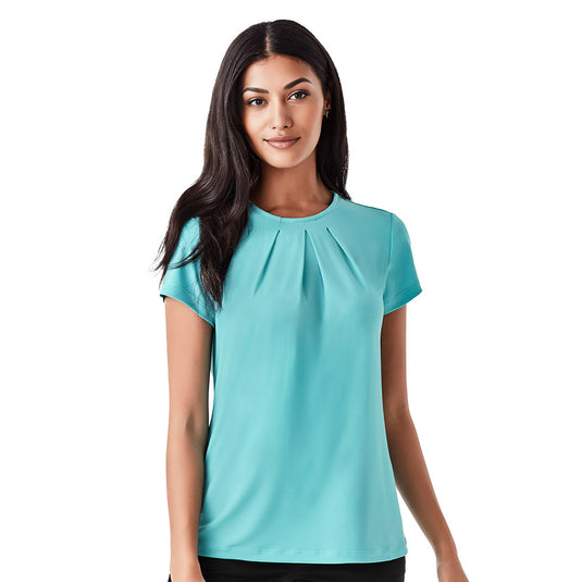 Biz Womens Blaise Short Sleeve Top featuring a semi-fitted silhouette with a crew neckline and pleat details, designed for comfort with its stretchable Jersey Knit fabric, ideal for versatile workwear.