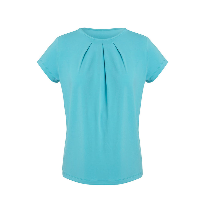 Load image into Gallery viewer, Biz Womens Blaise Short Sleeve Top on a mannequin, featuring a pleated front, cap sleeves, and crew neckline, crafted from stretch jersey knit fabric, ideal for comfortable workwear.