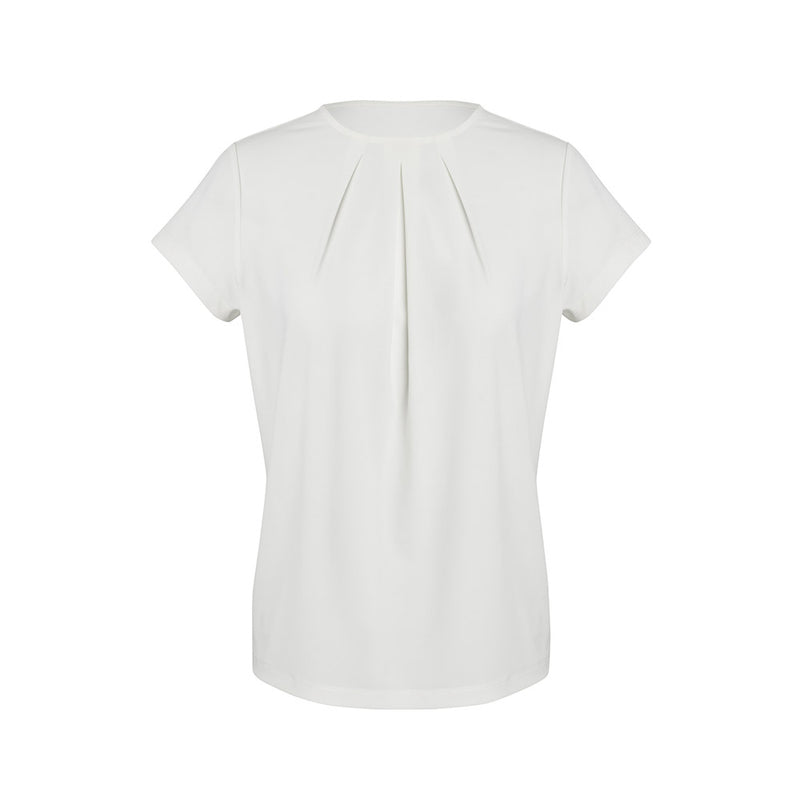 Load image into Gallery viewer, Biz Womens Blaise Short Sleeve Top features a pleated front and crew neckline, crafted from stretchy jersey knit for comfort. Ideal for semi-fitted workwear, blending elegance and practicality.