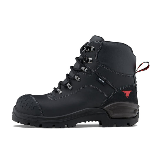 John Bull Crow 3.0 Safety Boots featuring a black lace-up design with a robust steel toe cap and TPU toe guard, ideal for workplace safety and durability.