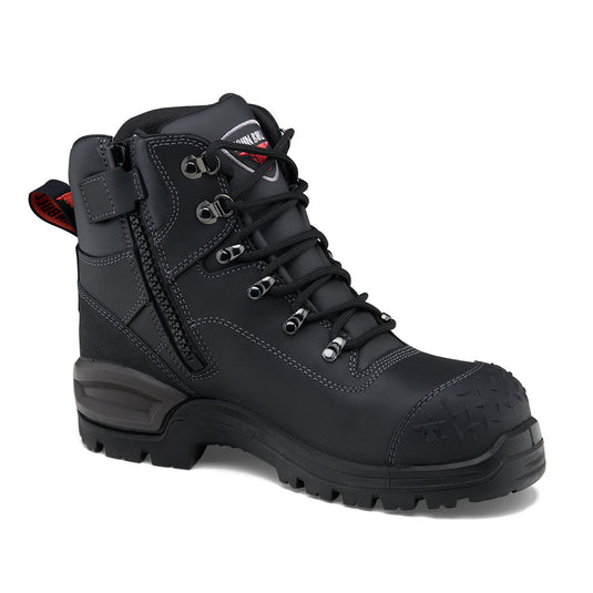 John Bull Crow 3.0 Safety Boots featuring laces, a TPU toe guard, and heavy-duty zip, designed for durability with a slip-resistant sole and steel toe cap, ideal for workplace safety.