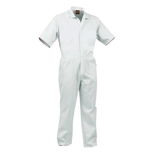 Food Industry Short Sleeve Polycotton Overalls featuring a YKK nylon coil zip front, elasticated back waist, side pant pockets, and food industry grade side access pockets, ideal for workplace safety and uniform needs.