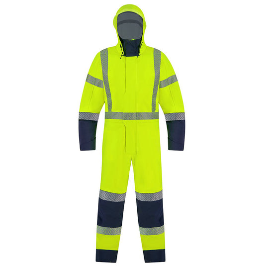 Bison Extreme Flex Rain Overall Day/Night, Yellow/Navy, showcasing a high-visibility, lightweight protective workwear with grey stripes, designed for flexibility and waterproof performance, ideal for safety-oriented environments.
