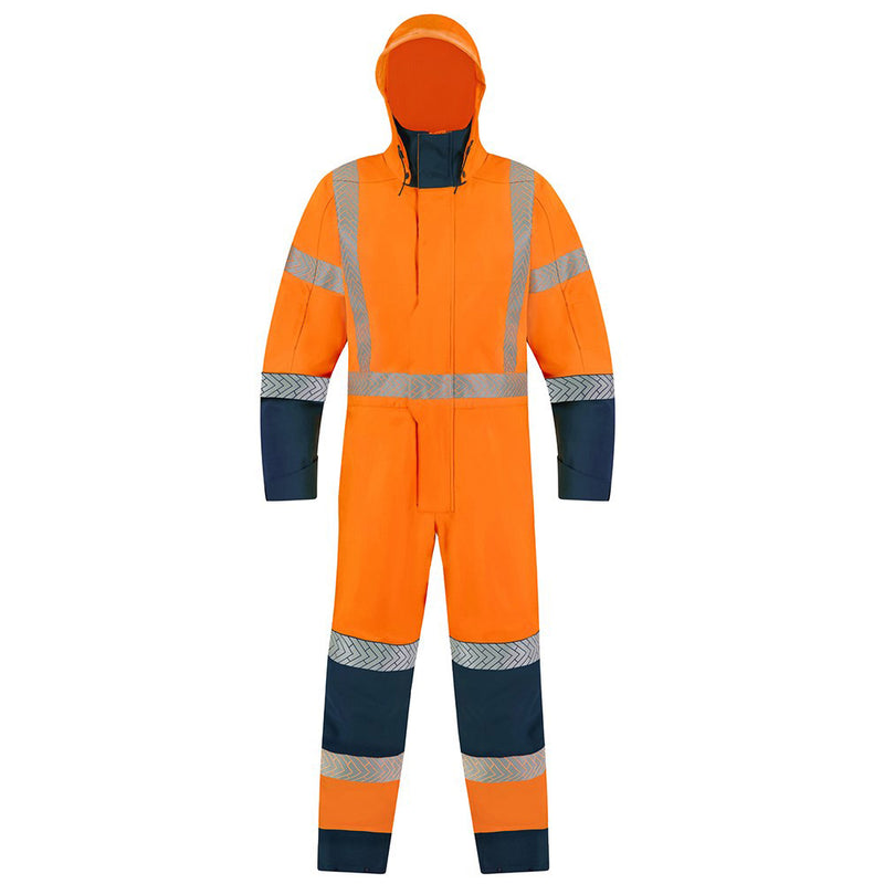 Load image into Gallery viewer, Bison Extreme Flex Rain Overall TTMC X-Back, Orange/Navy, showcases a high-visibility protective design with segmented tape. Features articulated knees and elbows, neoprene cuffs, and a detachable hood for enhanced mobility and weather resistance.