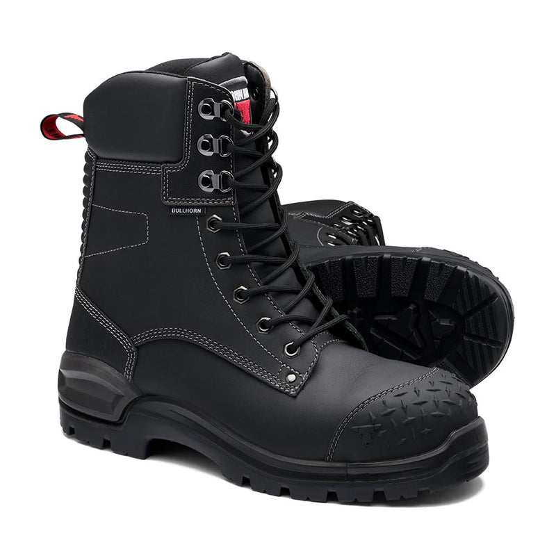 Load image into Gallery viewer, John Bull Bullhorn 3.0 High Leg Safety Boot, Black: rugged work boots with lace-up design, padded collars, reinforced stitching, heavy lug soles, and metal eyelets, embodying industrial durability and protection.