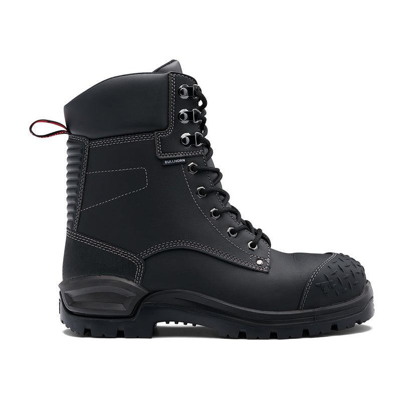 Load image into Gallery viewer, John Bull Bullhorn 3.0 High Leg Safety Boot in black, featuring reinforced toe, rugged lug sole, padded ankle collar, metal eyelets, and visible Bullhorn label, exemplifying extreme durability and comfort.
