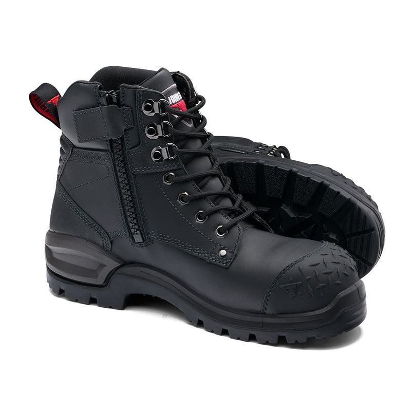 Load image into Gallery viewer, John Bull Ridgeback 3.0 Safety Boots, Black, showcasing robust black leather, reinforced steel-toe, side zippers, lace-up fronts with metal eyelets, and deeply lugged outsoles, designed for maximum protection and comfort.
