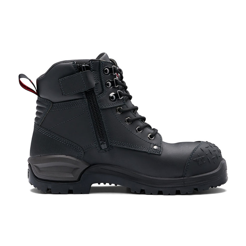 Load image into Gallery viewer, John Bull Ridgeback 3.0 Safety Boots in black, featuring a lace-up design with metal eyelets, side zipper, reinforced steel toe cap, rugged lug sole, and durable Kevlar® stitching for industrial use.