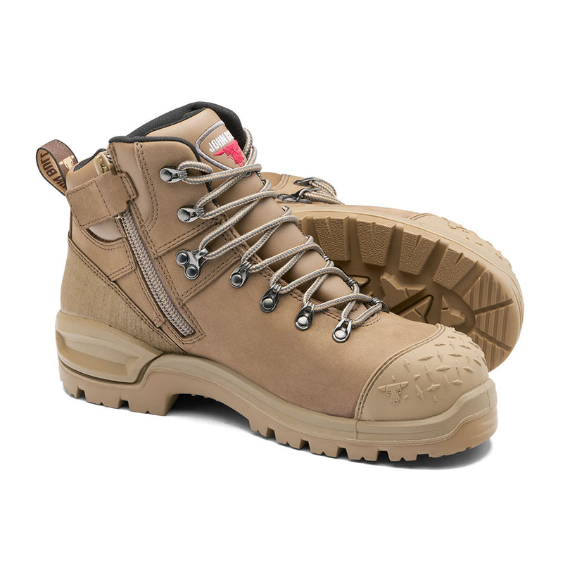 Load image into Gallery viewer, John Bull Konik 3.0 Safety Boots feature tan, mid-height design with metal speed-hook eyelets, side zippers, rugged outsoles, and reinforced toe, ideal for hiking or workplace safety.
