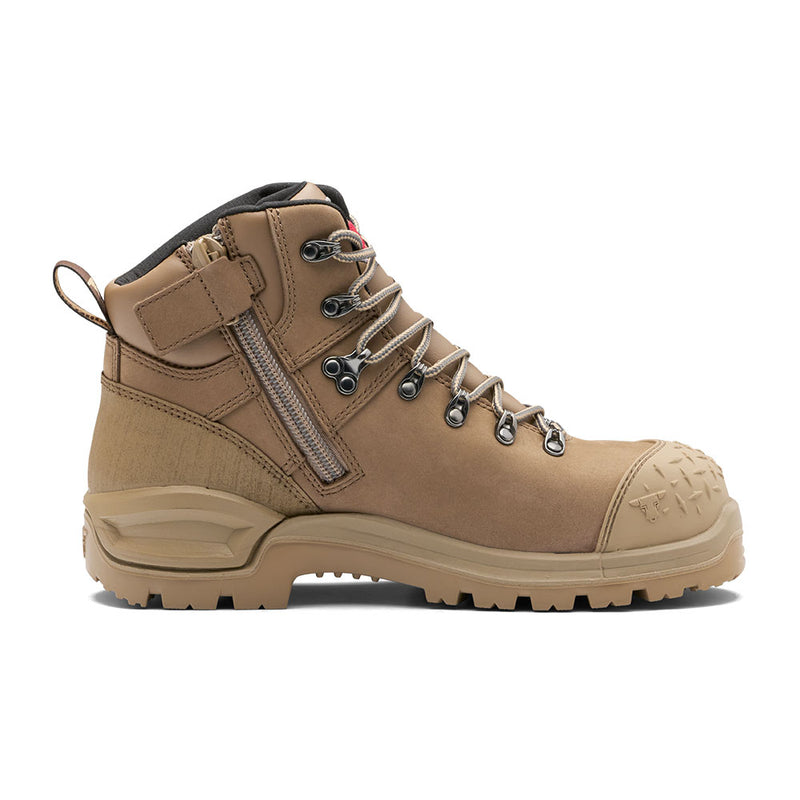 Load image into Gallery viewer, John Bull Konik 3.0 Safety Boots, Stone, featuring a reinforced toe, lace-up front with metal eyelets, side zipper, lugged rubber outsole, padded collar, and heel pull loop, ideal for safety and comfort.