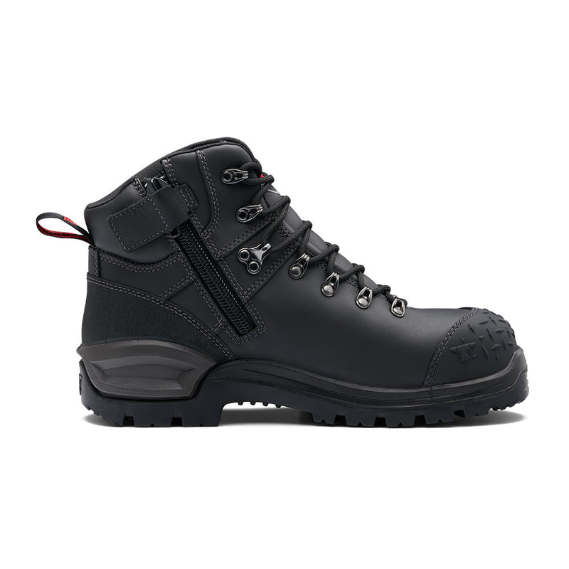 Load image into Gallery viewer, John Bull Loredo 3.0 Safety Boots, Black, featuring a mid-ankle design with a lugged sole, metal lace hooks, side zipper, reinforced stitching, and rugged toe protection, ideal for demanding worksites.