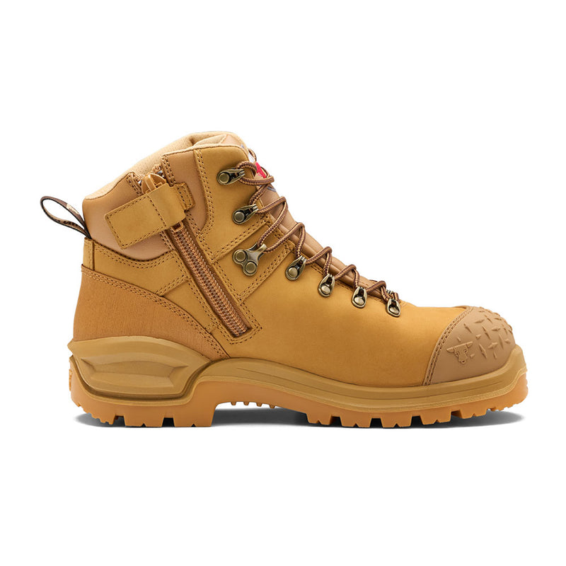 Load image into Gallery viewer, John Bull Bronco 3.0 Safety Boot, Wheat, shown from the side, features lace-up design, side zipper, metal speed-hooks, padded collar, reinforced toe, rugged lug sole, and pull tab for easy wear.