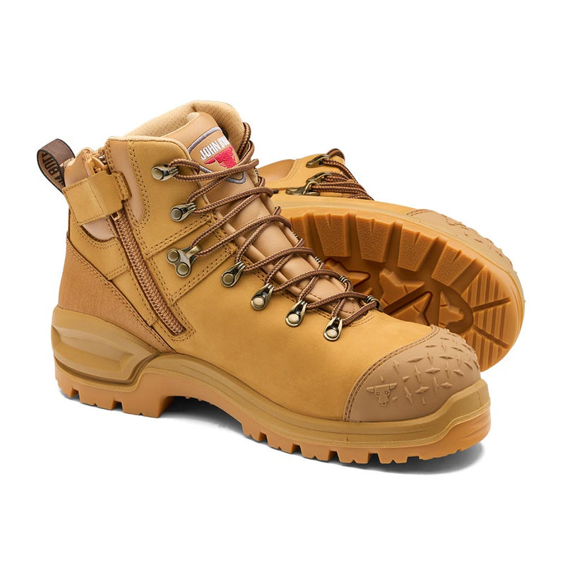 Load image into Gallery viewer, John Bull Bronco 3.0 Safety Boot, Wheat, showcasing ankle-high design with a side zipper, reinforced steel toe, thick lugged sole, and water-resistant nubuck leather, ideal for construction and safety environments.