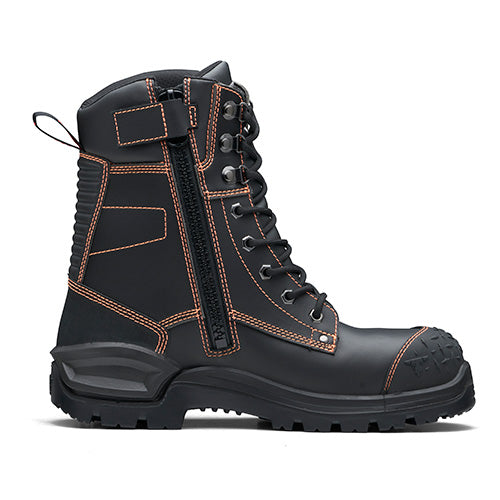 John Bull Kokoda 3.0 Safety Boots feature black leather with orange stitching, showcasing a rugged design with a steel toe and heavy-duty sole, ideal for challenging outdoor conditions.