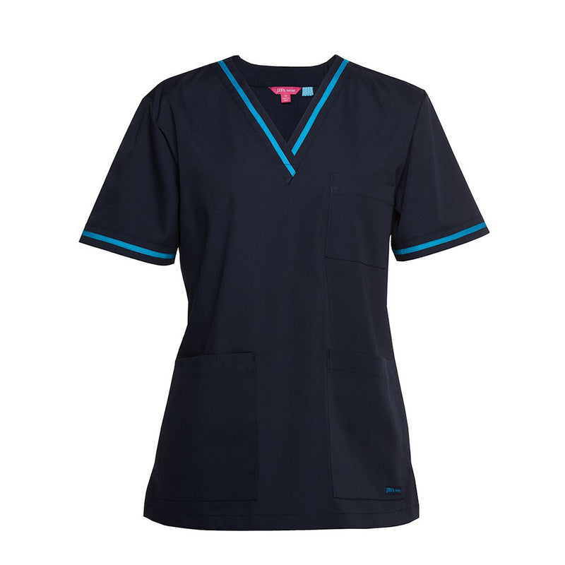 Load image into Gallery viewer, JB’s Contrast Ladies Scrubs Top, designed for all-day comfort, features a classic fit, V-neck, set-in sleeves, and contrast color tape. Includes two lower pockets and a chest pocket with a loop.