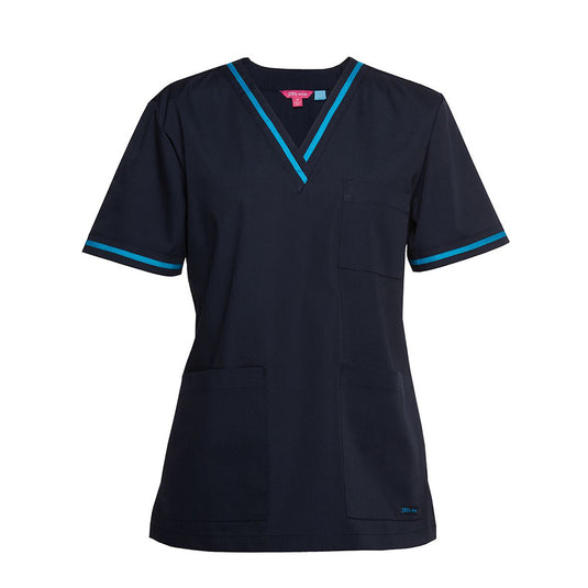 JB’s Contrast Ladies Scrubs Top, designed for all-day comfort, features a classic fit, V-neck, set-in sleeves, and contrast color tape. Includes two lower pockets and a chest pocket with a loop.