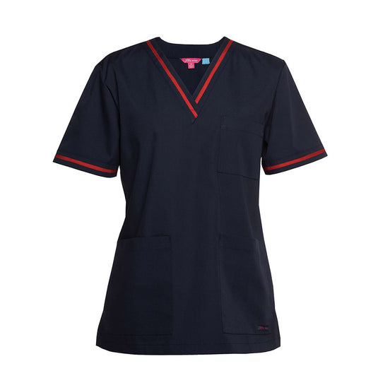 JB’s Contrast Ladies Scrubs Top features a classic fit with a V-neck, set-in sleeves, and side vents. It includes two lower pockets with a pen insert and a chest pocket with an internal loop.