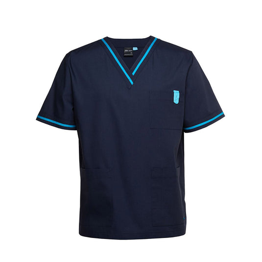JB’s Contrast Unisex Scrubs Top features a classic fit with a V-neck, set-in sleeves, and side vents. Includes two lower pockets, a pen insert, utility tape, and contrast color details.