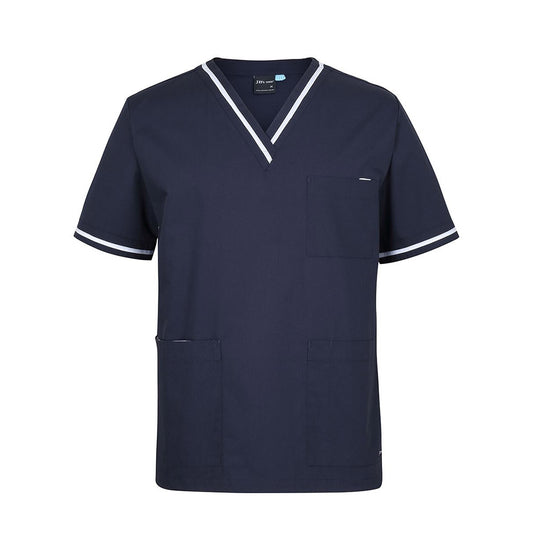 JB’s Contrast Unisex Scrubs Top features a classic fit with a V-neck and set-in sleeves. It includes a contrast color stripe, utility tape, and dual pockets, ideal for professional comfort.