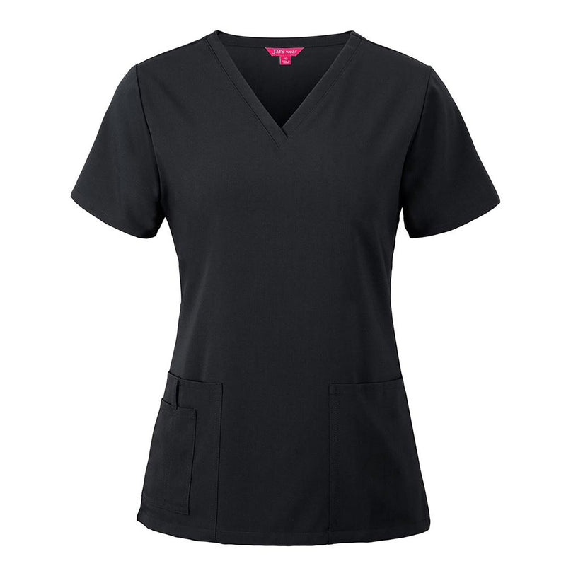 Load image into Gallery viewer, JB's Ladies Nu Scrub Top features a black V-neck, short sleeves, tailored fit, and two front patch pockets, including a utility slot, exemplifying practical workwear from Active Safety's robust uniform selection.