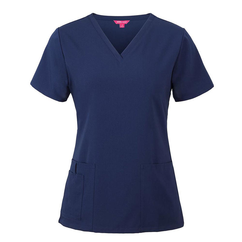 Load image into Gallery viewer, JB's Ladies Nu Scrub Top features a navy-blue design with a V-neck, short sleeves, and two patch pockets, including a pen slot. Ideal for workplace comfort and practicality, aligning with Active Safety's quality standards.