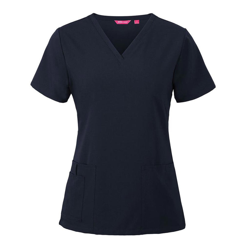 Load image into Gallery viewer, JB's Ladies Nu Scrub Top features a V-neck, short sleeves, and two front patch pockets. Designed for durability and comfort, it includes a pen insert, key loop, and side splits for ease.