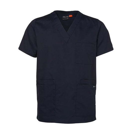 JB’s Unisex Scrubs Top featuring a V-neck design, set-in sleeves, chest pocket with pen insert, and four lower reinforced pockets, ideal for professional work environments.