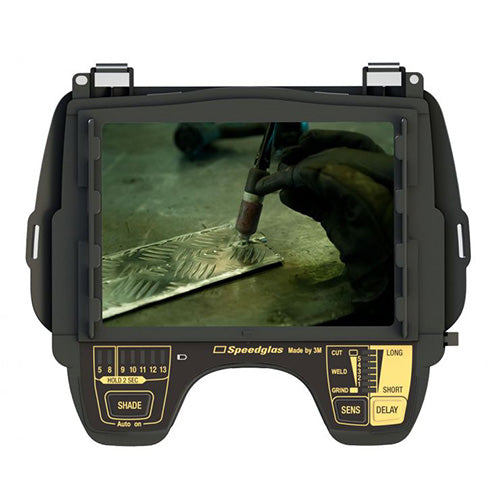Load image into Gallery viewer, Close-up of a 3M Speedglas Welding Lens, part of the 9100 Series, showcasing its auto-darkening feature, designed for professional welders using 3M Speedglas Welding Helmets.