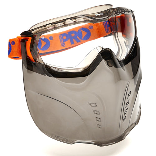 Pro Vadar Goggle & Visor Combo: Clear, featuring a close-up of the goggles with wide peripheral vision, liquid splash protection, and detachable visor, ideal for robust eye safety and UV protection.